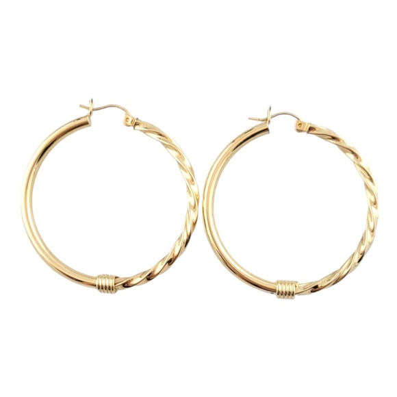 14K Yellow Gold Twisted/ Smooth Hoop Earrings #16139